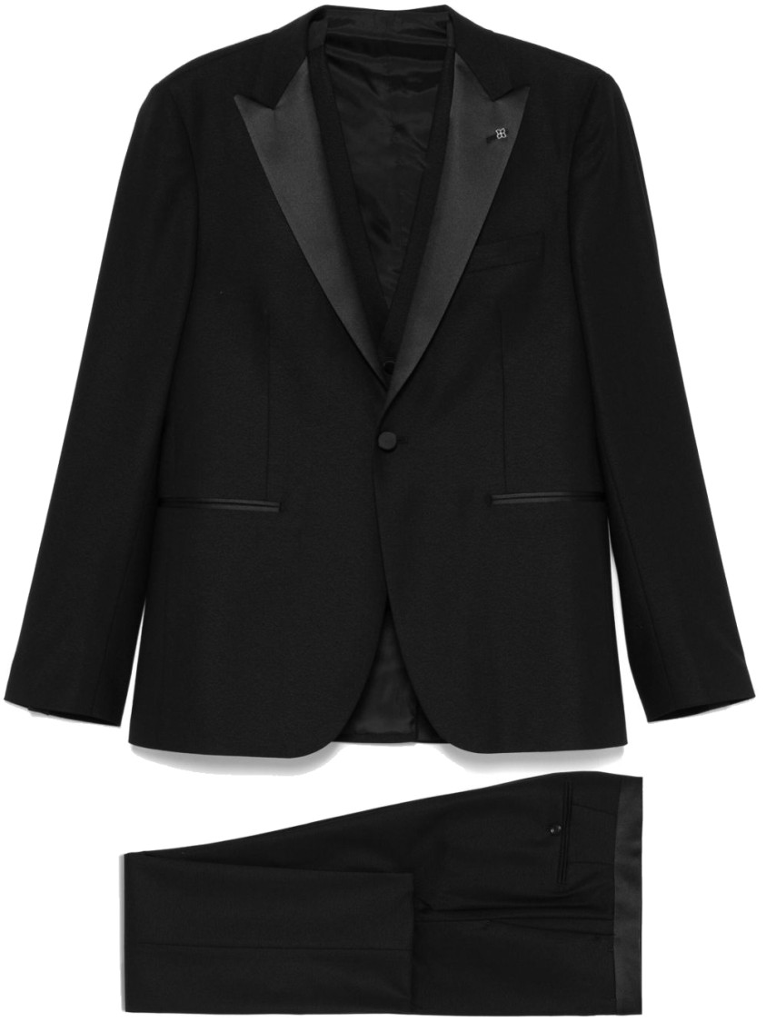 Shop Tagliatore Blue Tailored Suit With Satin Lapel And Shoulders