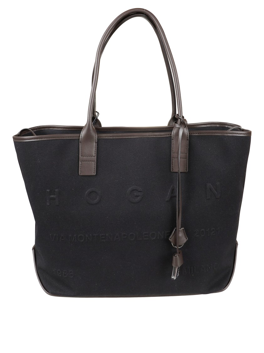 Hogan Structured Black Canvas Tote Bag With Embossed Branding In Black