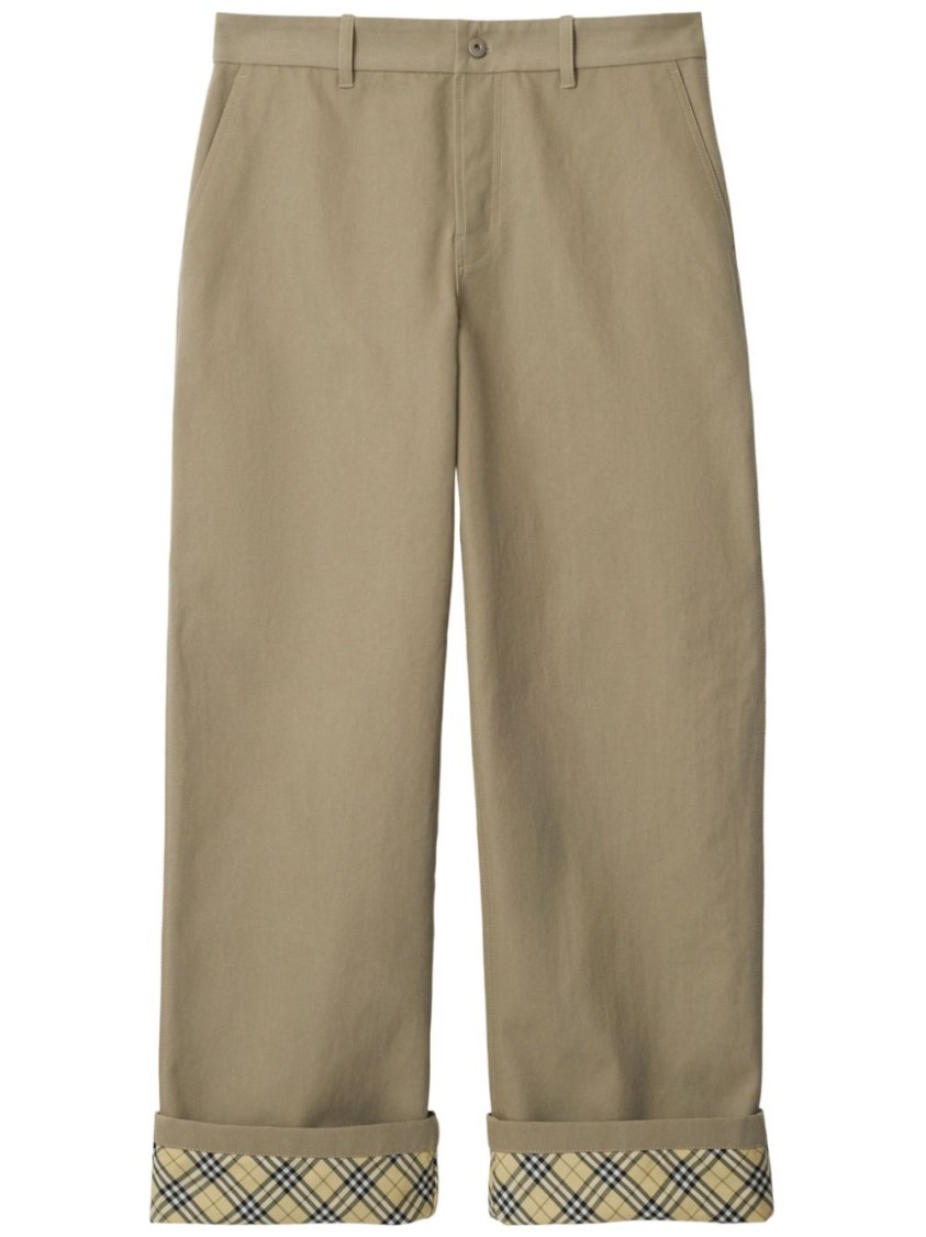 Burberry Beige Pants With Logo Embroidery On The Side And Turn-up Checked Hem In Cotton Man In Neutrals
