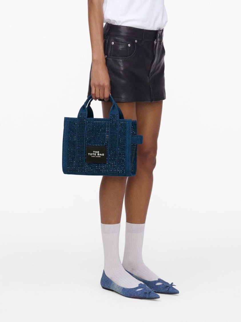 Marc Jacobs Textured Blue Cotton Tote Bag With Rhinestone Embellishments