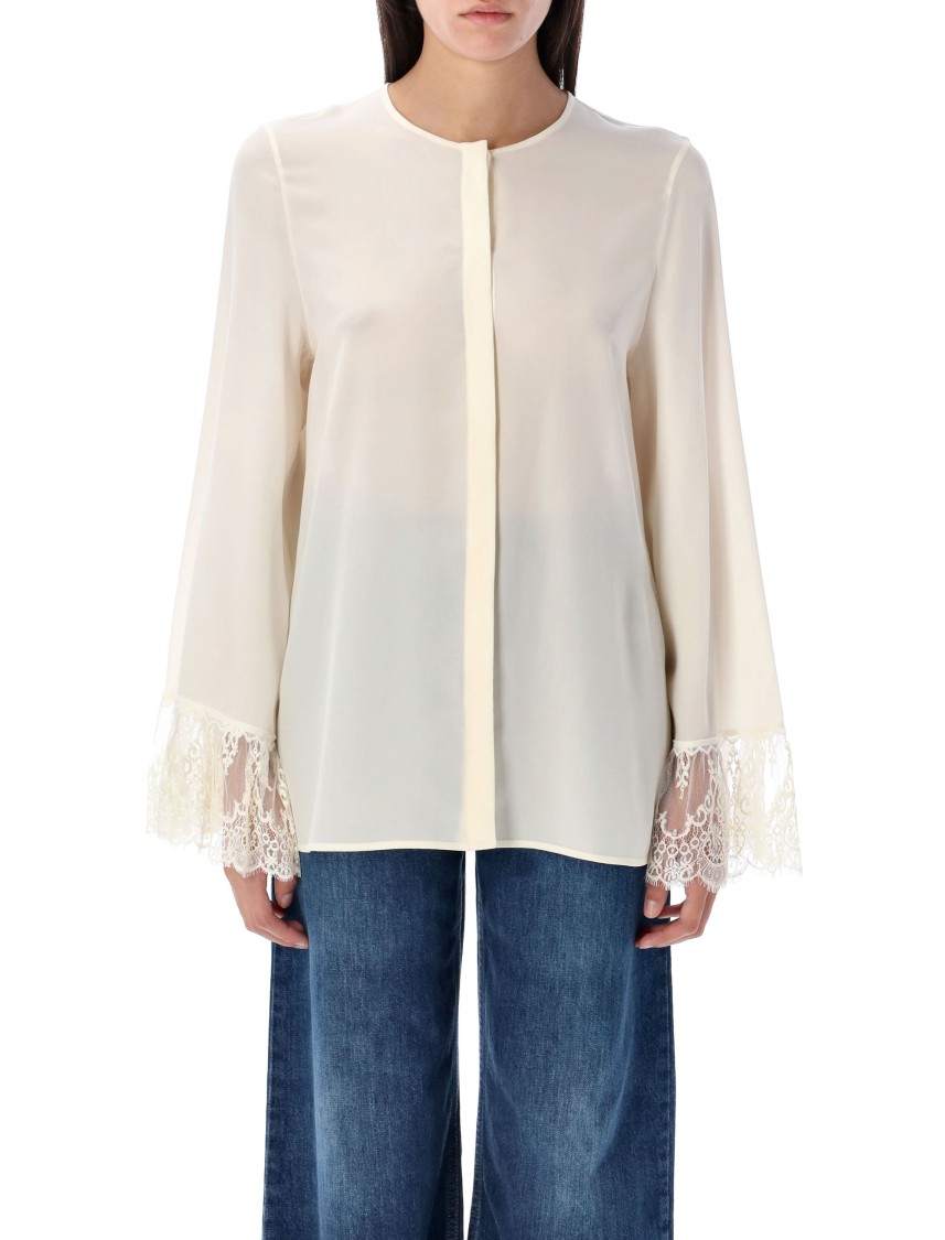 Chloé Button Down Crepe De Chine Top With Lace Sleeves In White