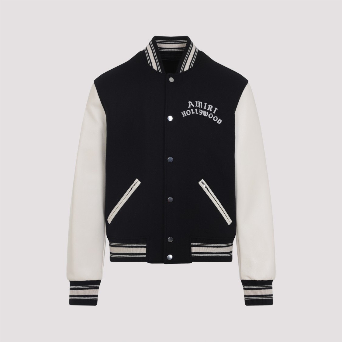 Amiri Mens Hollywood Embroidered-text Wool-leather Blend Bomber Jacket Black Xl In Black