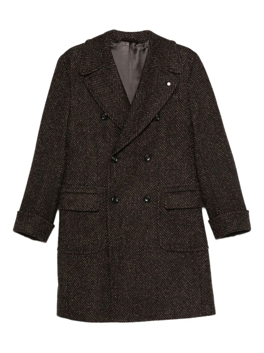 Luigi Bianchi Mantova Double-breasted Herringbone Coat With Tailored Fit In Brown