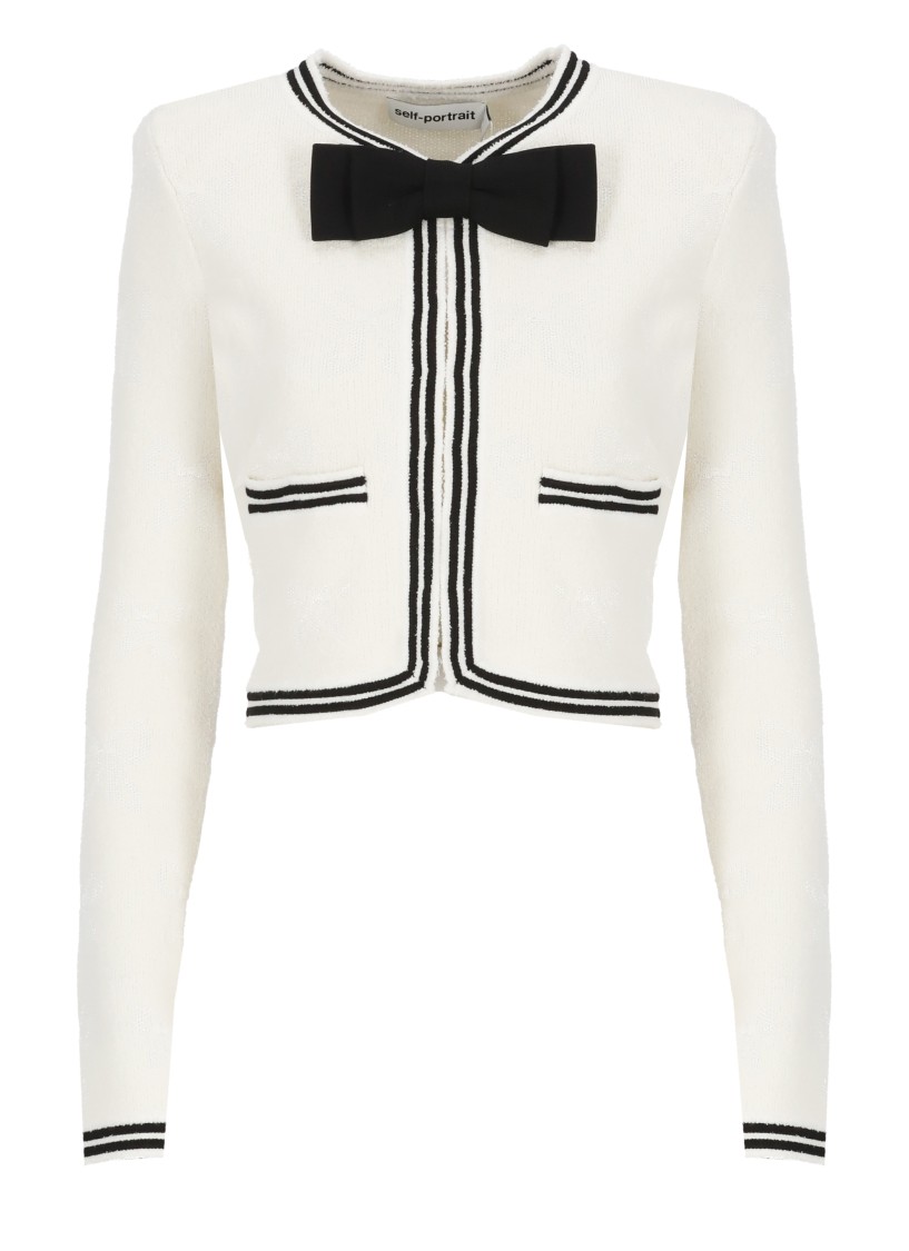 Self-portrait Beige Cardigan With Bow Detail On The Front And Contrasting Trims In Cotton Blend Woman In Neutrals