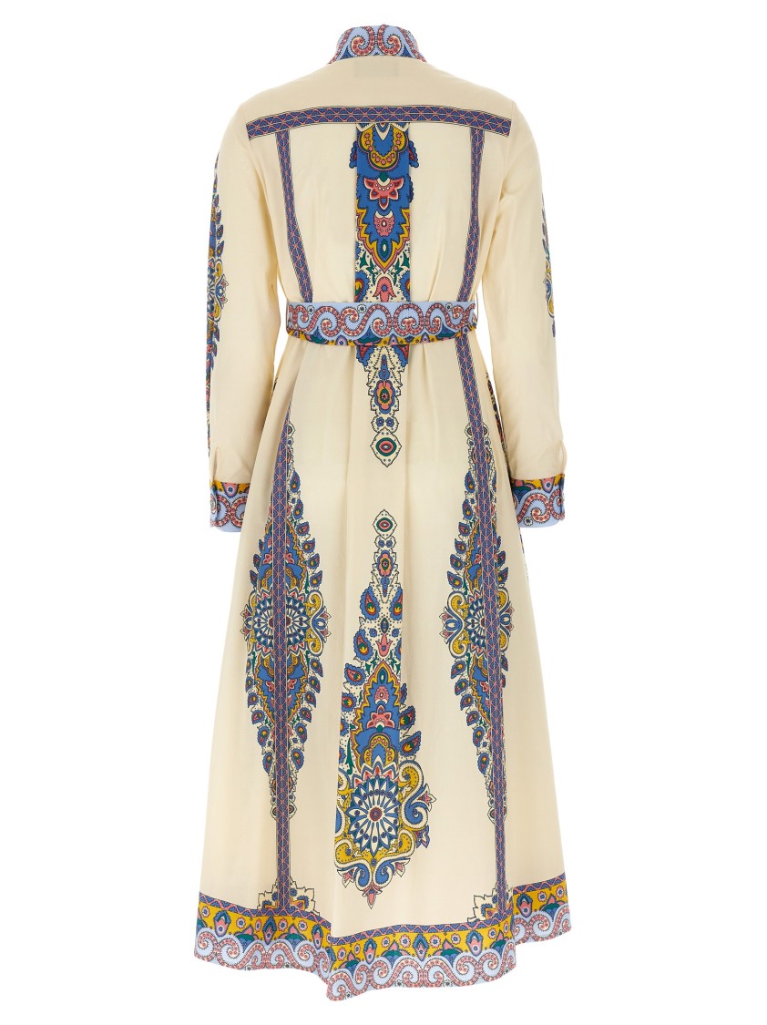 Etro Cotton Poplin Maxi Dress With Paisley Medallion And Contrasting Belt In Blue