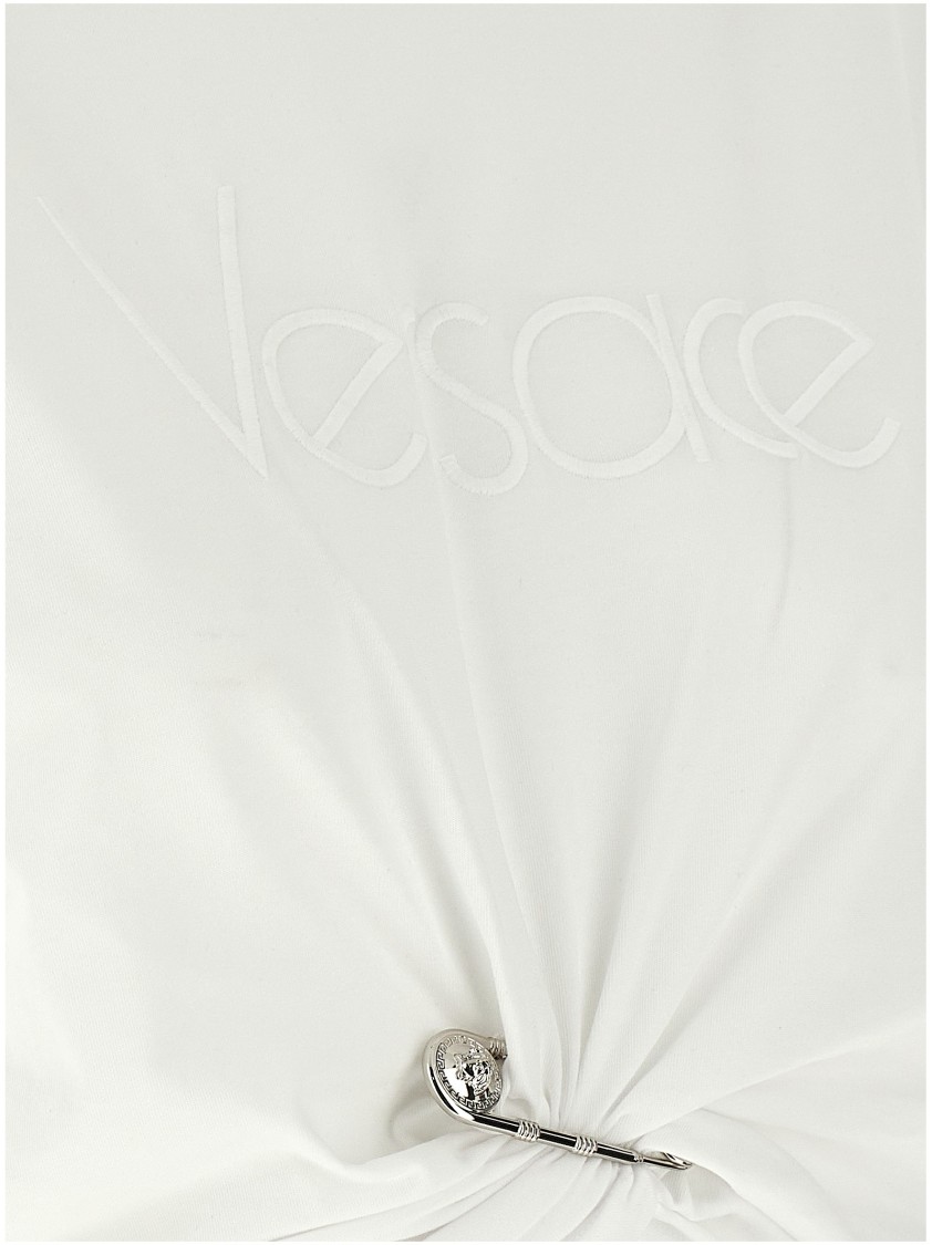 Versace Cropped T-shirt With Twist Detail And Safety Pin Logo In White