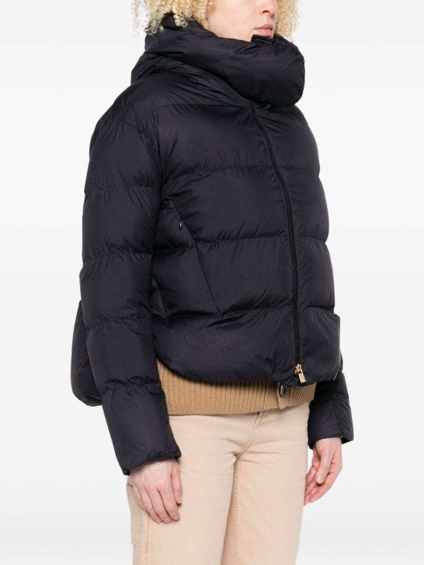 Pinko Cropped Navy Blue Quilted Coat With High Neck And Logo Patch In Blue