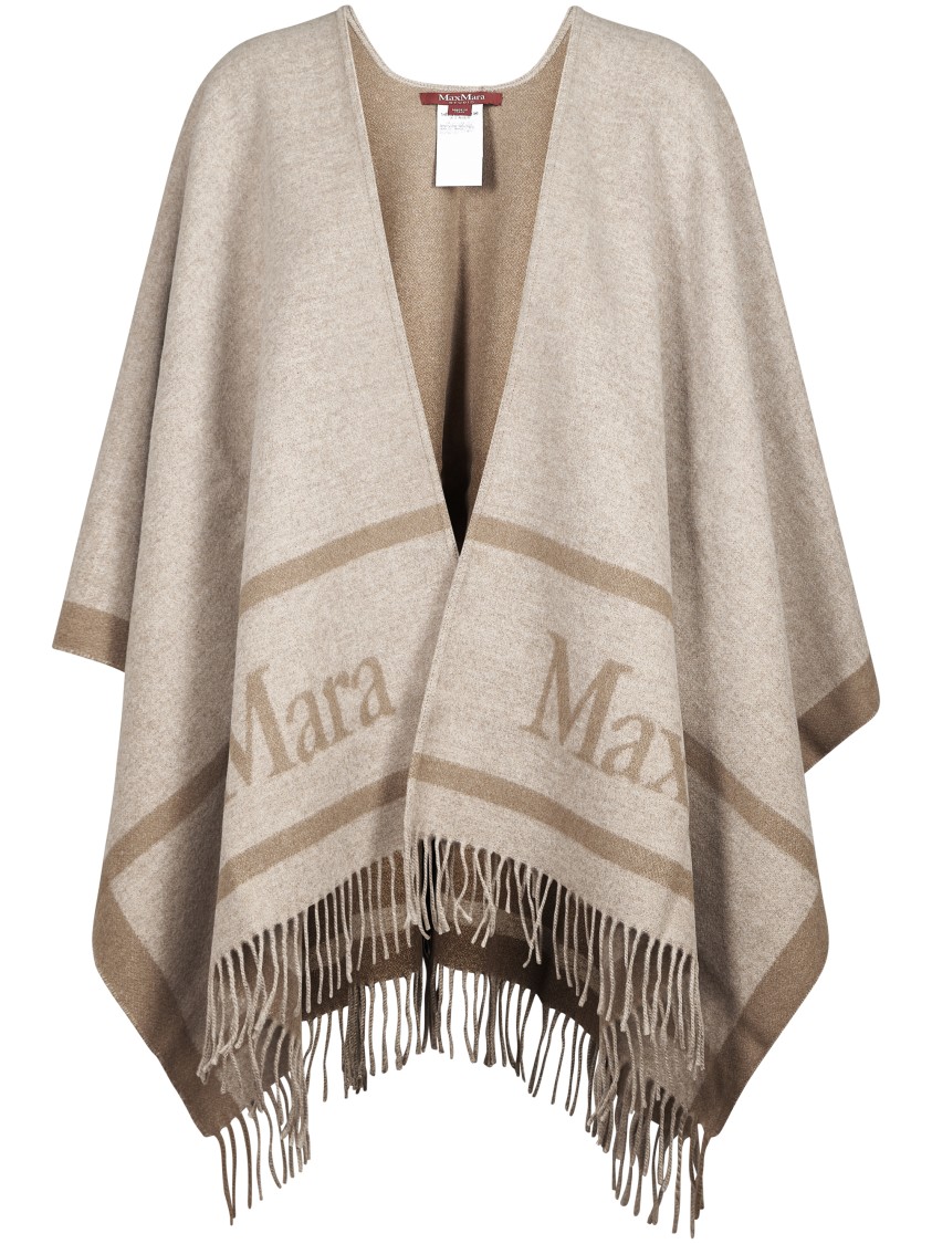 Max Mara Loose-fit Poncho Sweater With Deep V-neck And Fringed Hem In Pink