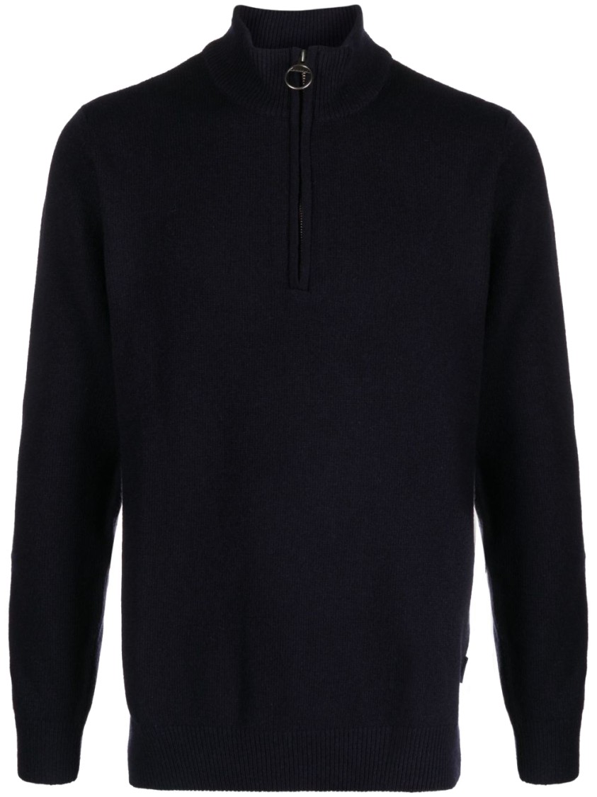 Barbour Ribbed Knit Half-zip Sweater With Classic Funnel Neck And Elbow Patches In Black