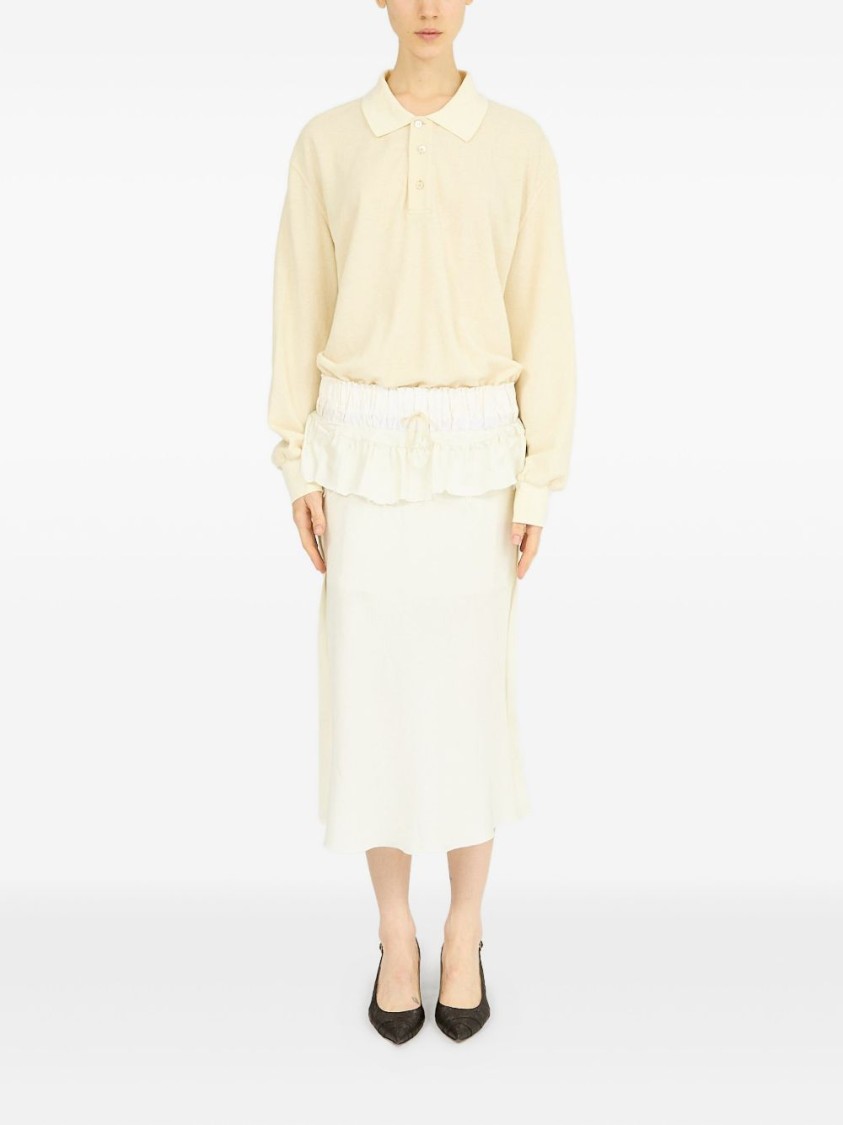 Maison Margiela White Midi Dress With Polo Collar And Gathered Waist