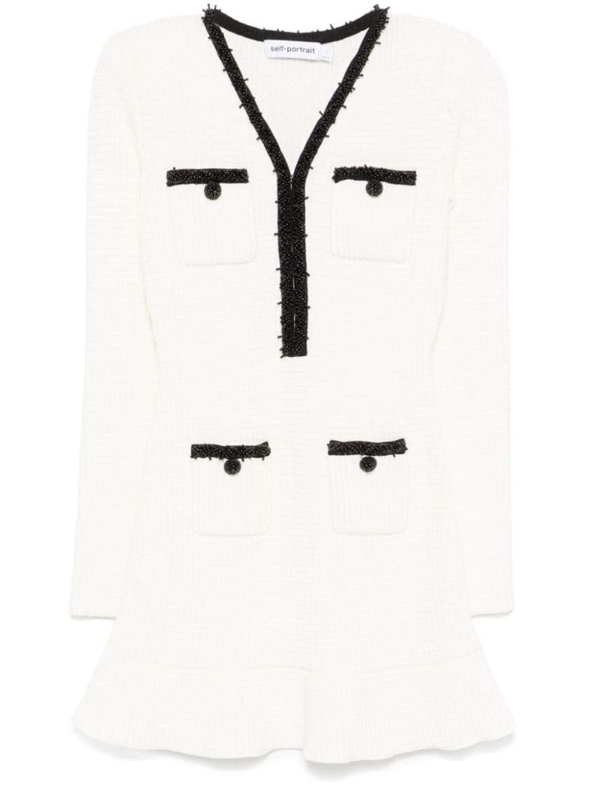 Self-portrait Textured White Dress With Beaded V-neckline In Neutral