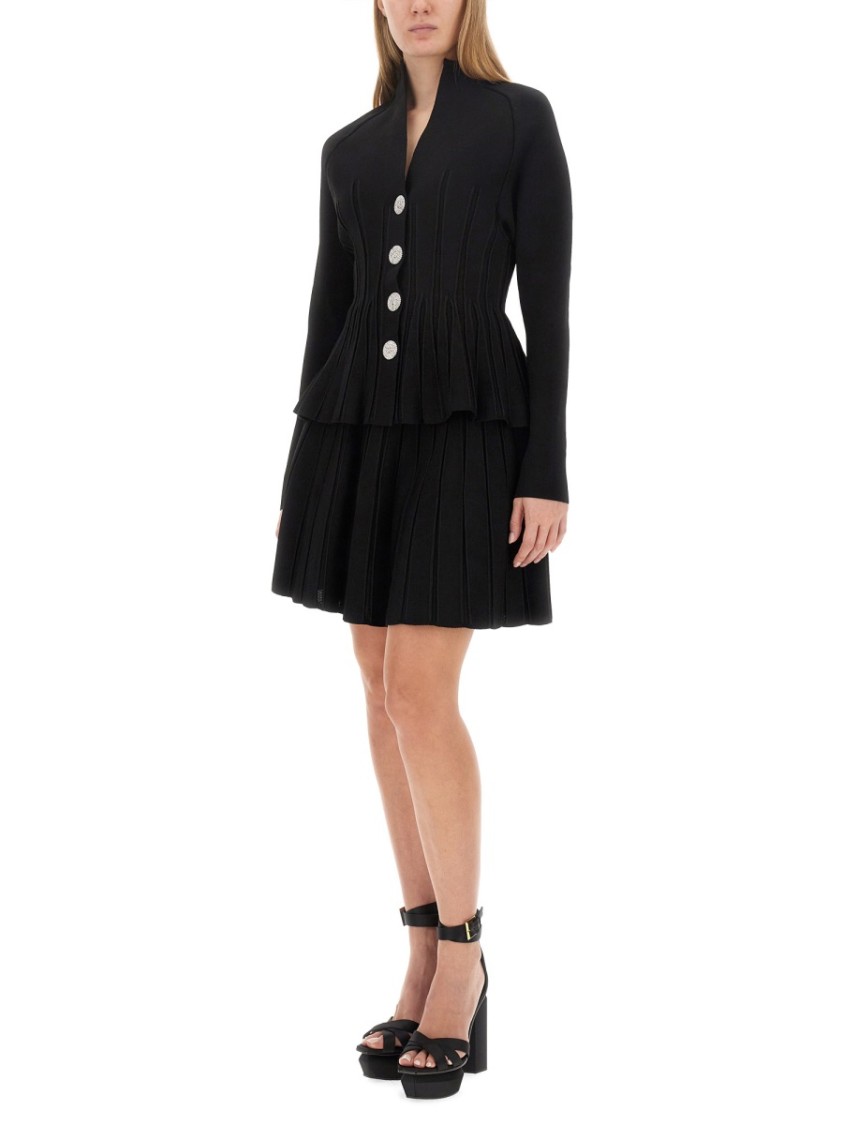 Balmain Double-breasted Rib Knit Flare Mini Skirt In Black