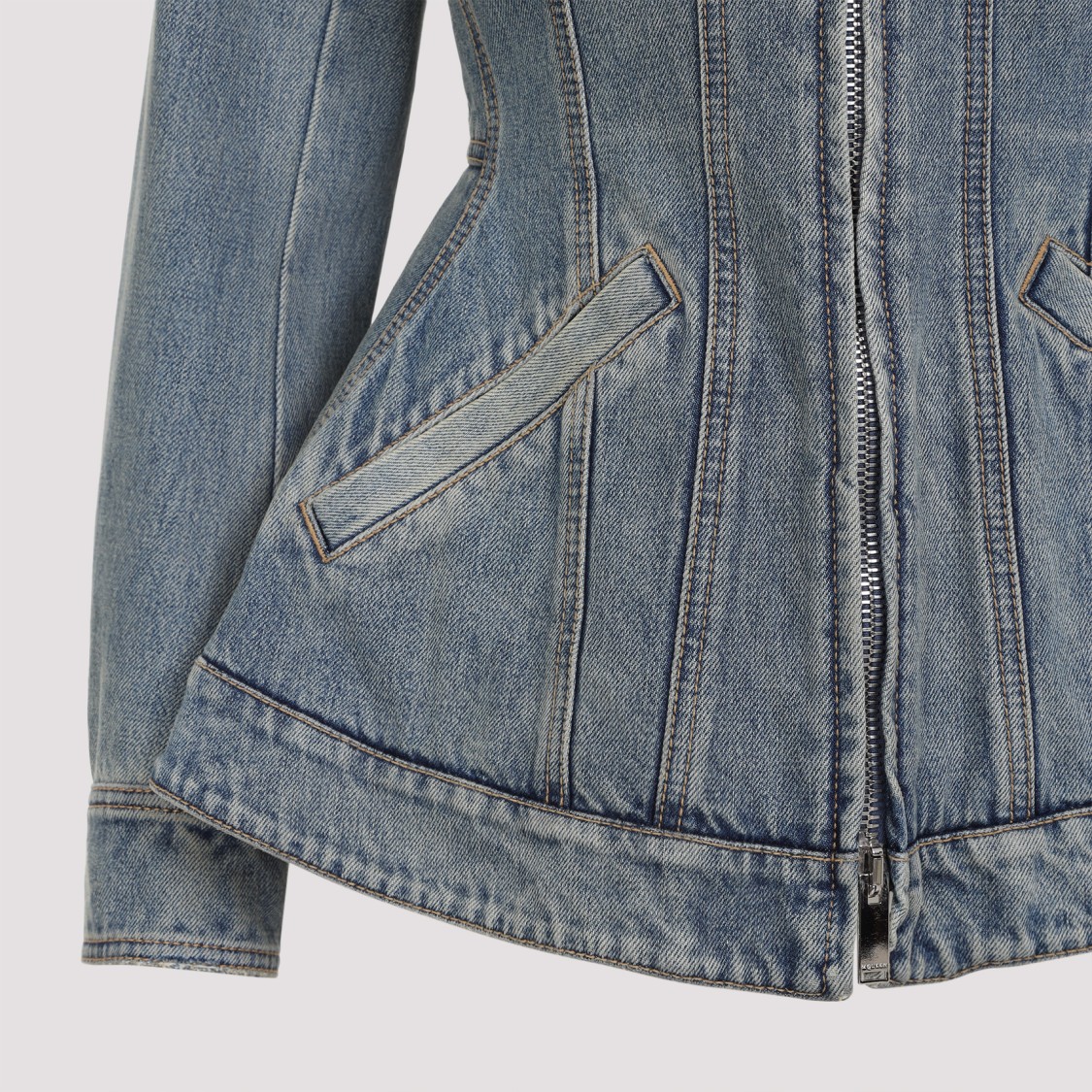 Shop Alexander Mcqueen Fitted Blue Jacket With Peplum Hem And Contrasting Collar