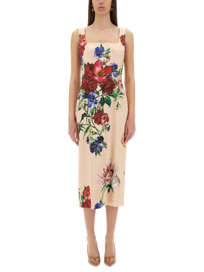 Dolce & Gabbana Satin Calf-length Sheath Dress With Floral Print