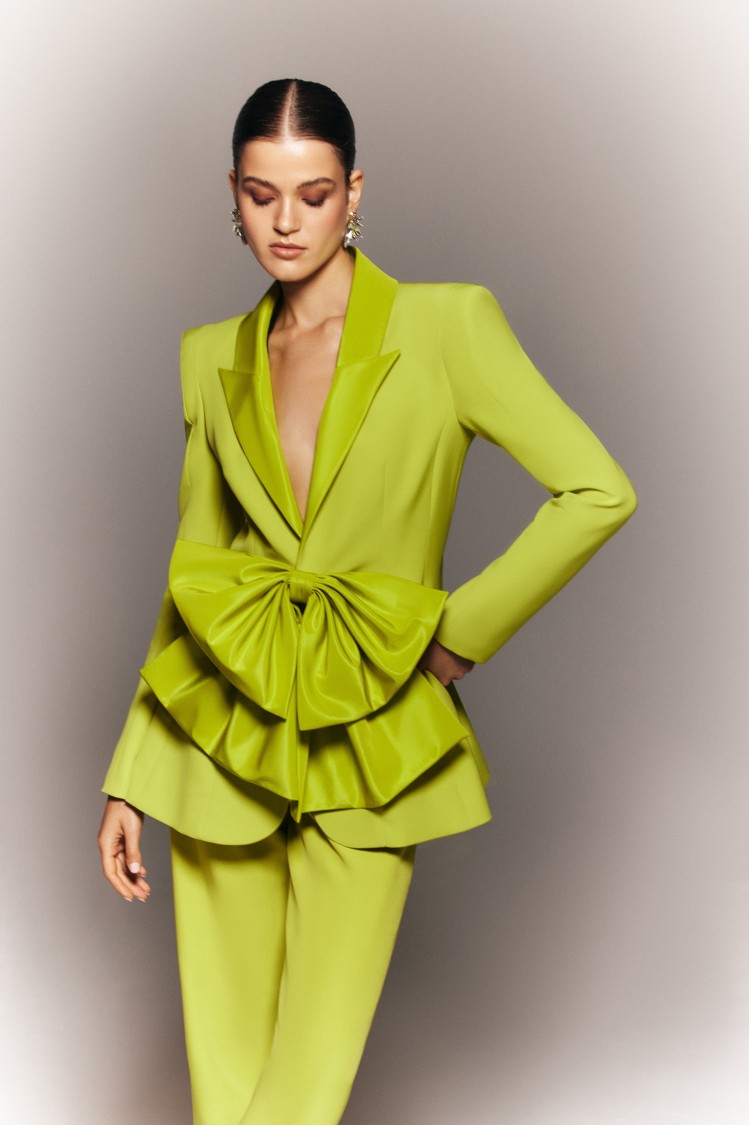 Saiid Kobeisy Crepe Tailored Jacket With Taffeta Collar And Bow In Yellow