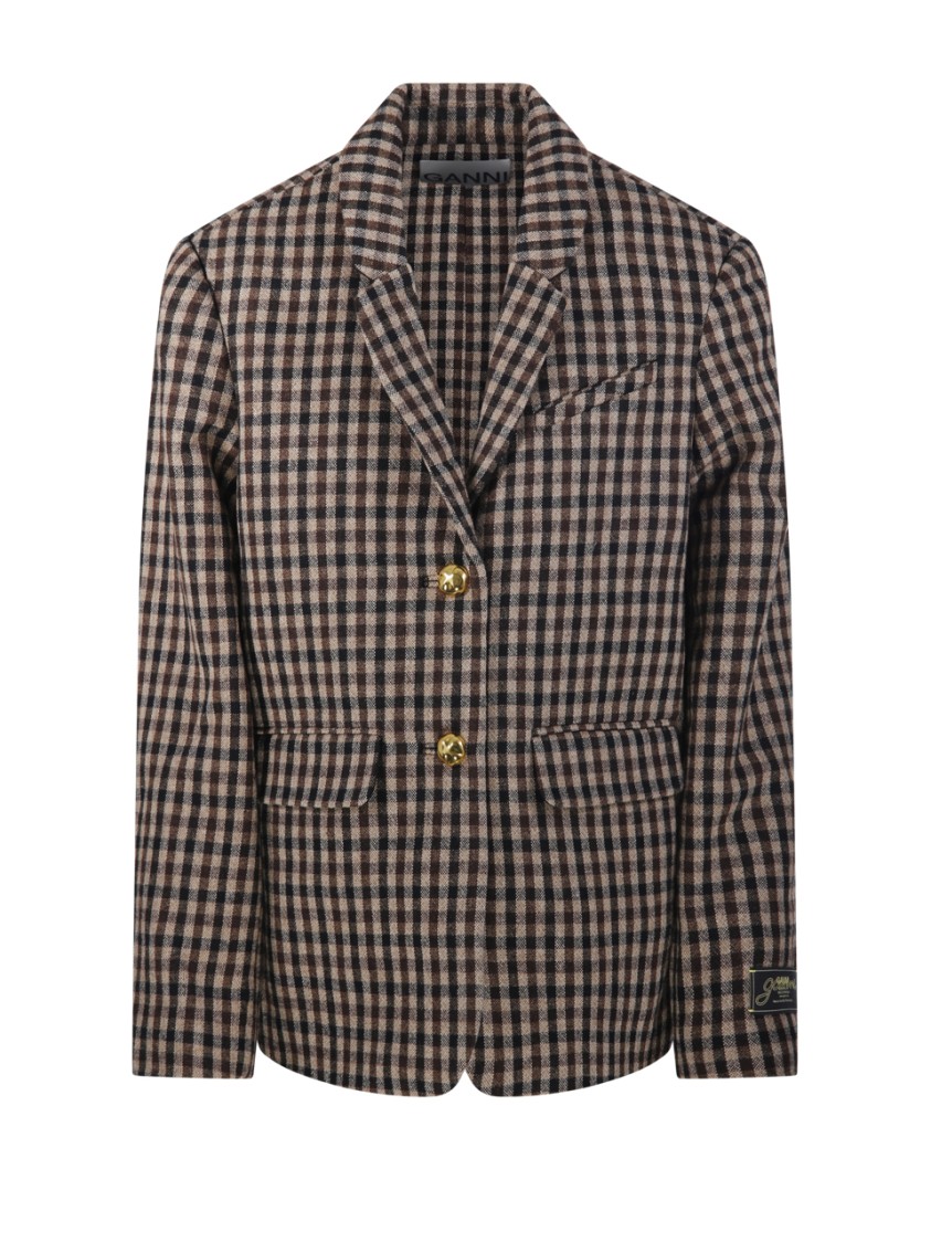Ganni Check Wool Mix Oversized Blazer In Gray