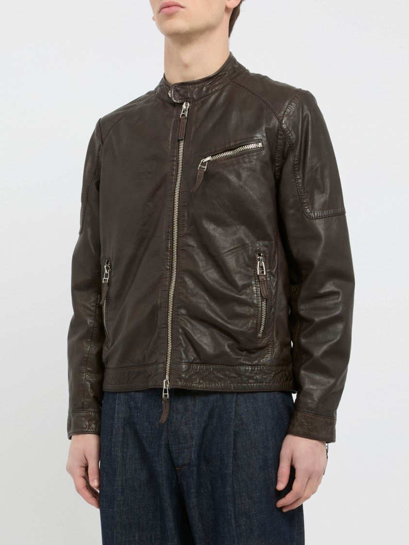 The Jack And Jackie Leathers Brown Leather Jacket With Stand-up Collar