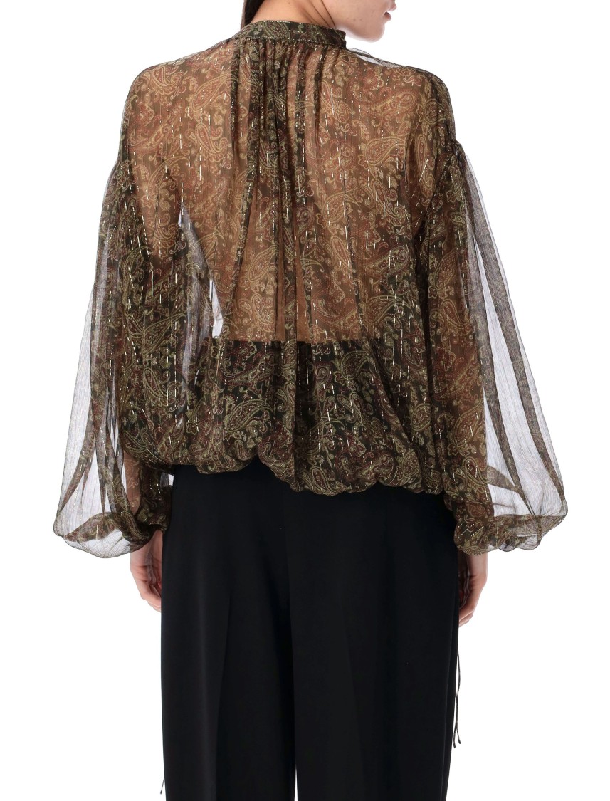 Saint Laurent Semi-sheer Cashmere Print Blouse With Band Collar