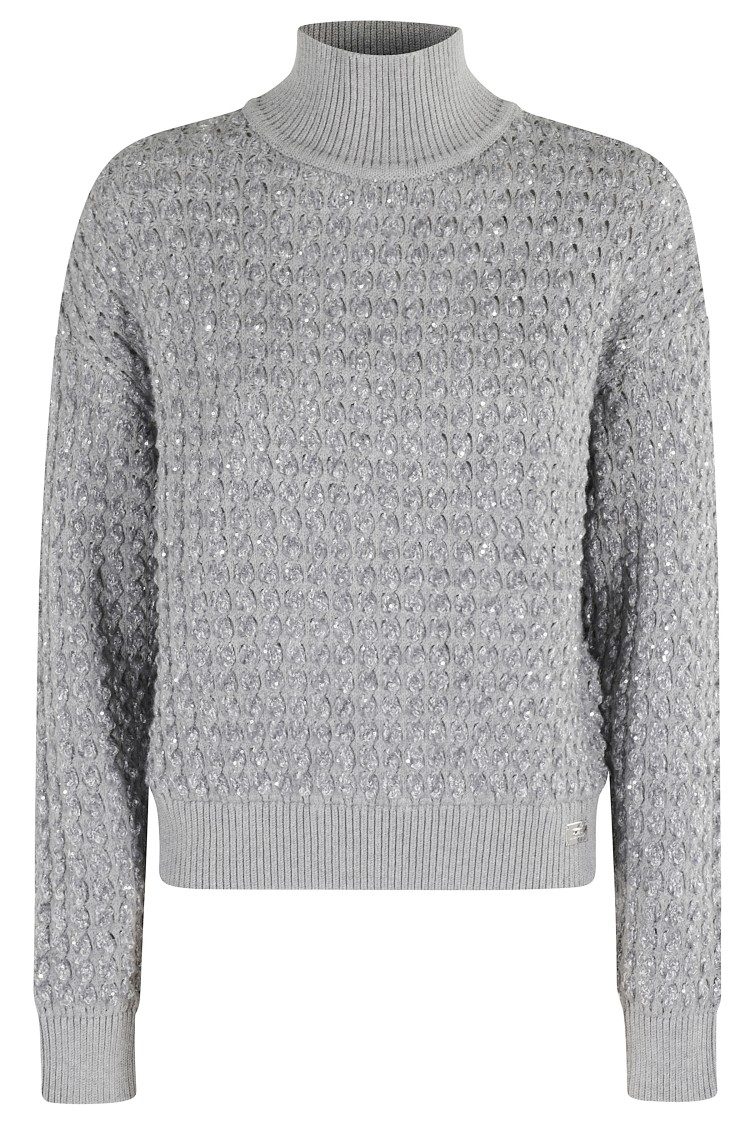 Elisabetta Franchi Cable Knit Tricot Sweater With Sequined Inserts And High Neck In Black