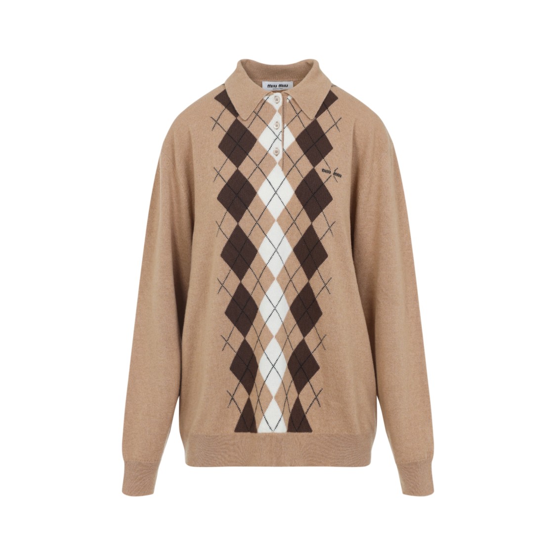 Miu Miu Argyle Pattern Cashmere Sweater With Polo Collar In Pink