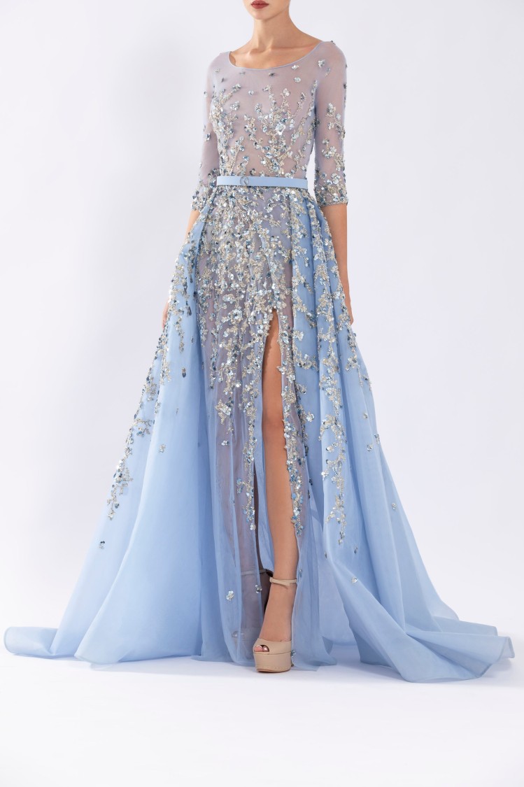 Saiid Kobeisy Tulle Beaded Dress With Envelope Skirt And Overskirt In Blue