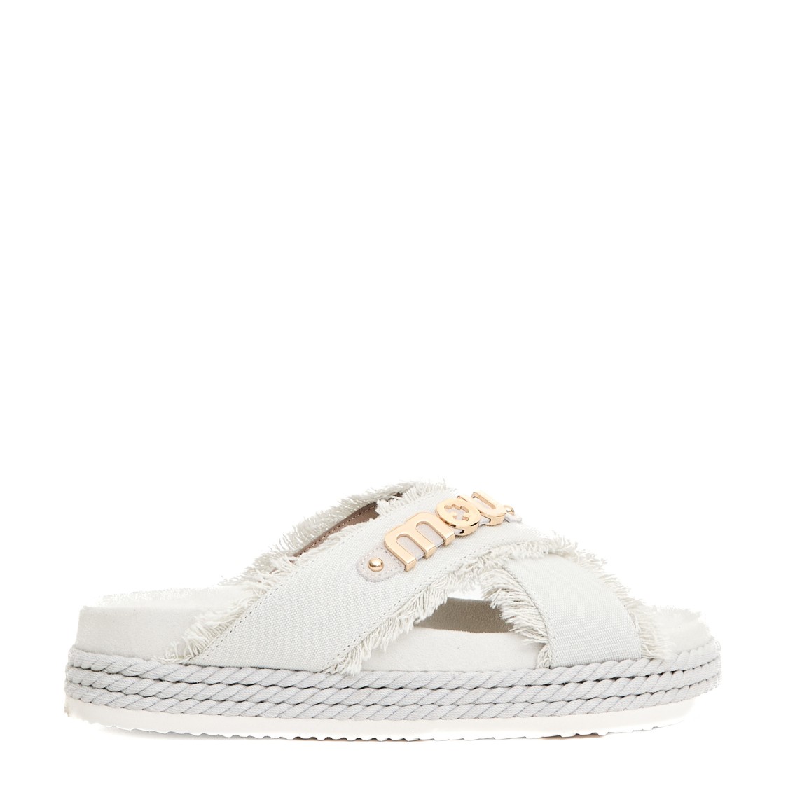 MOU MOU CROSS-STRAP CANVAS SANDALS WITH FRAYED EDGES