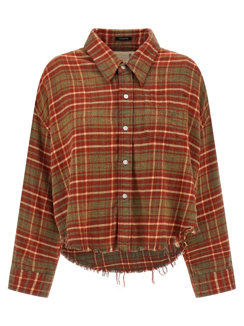 R13 Cropped Check Print Cotton Shirt With Fringed Asymmetric Hem In Brown