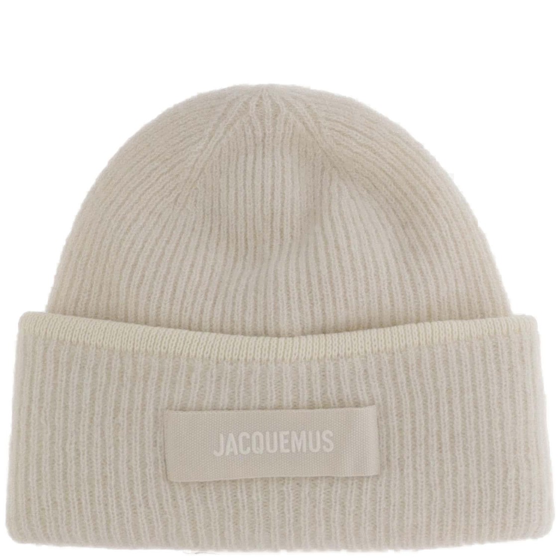 Jacquemus Ribbed Wool Blend Beanie With Logo Patch In White
