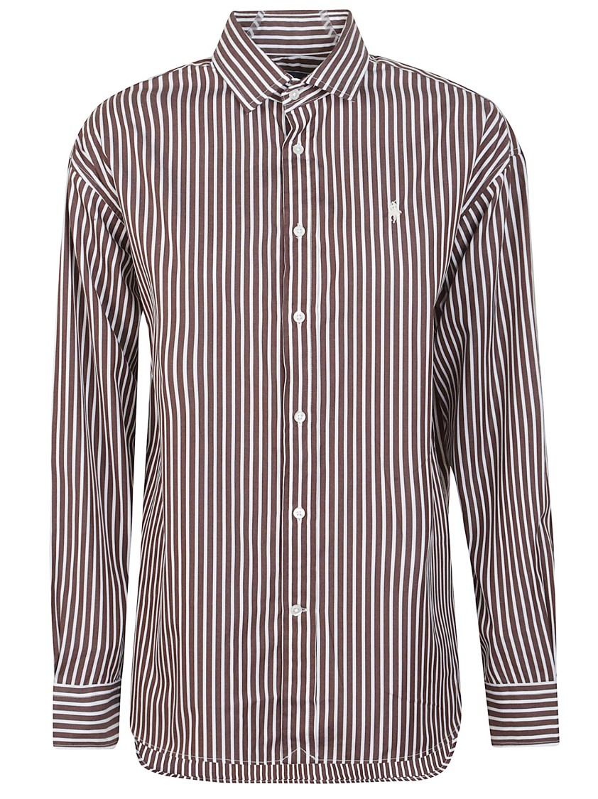 Polo Ralph Lauren Striped Cotton Poplin Blouse With Pointed Collar And Iconic Logo In Black