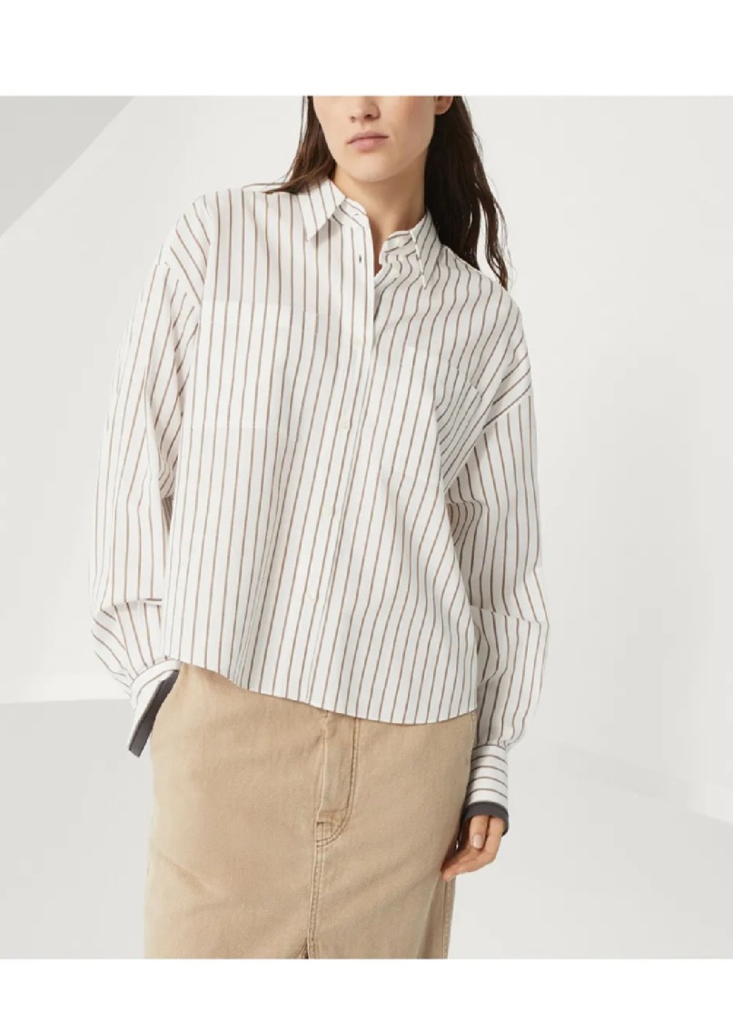 Shop Brunello Cucinelli Long-sleeve Shirt With Vertical Stripes And Contrasting Cuffs In White
