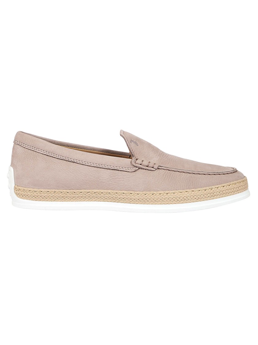 Tod's Slip-on Leather Moccasin Shoes With Woven Jute Detailing In Neutral