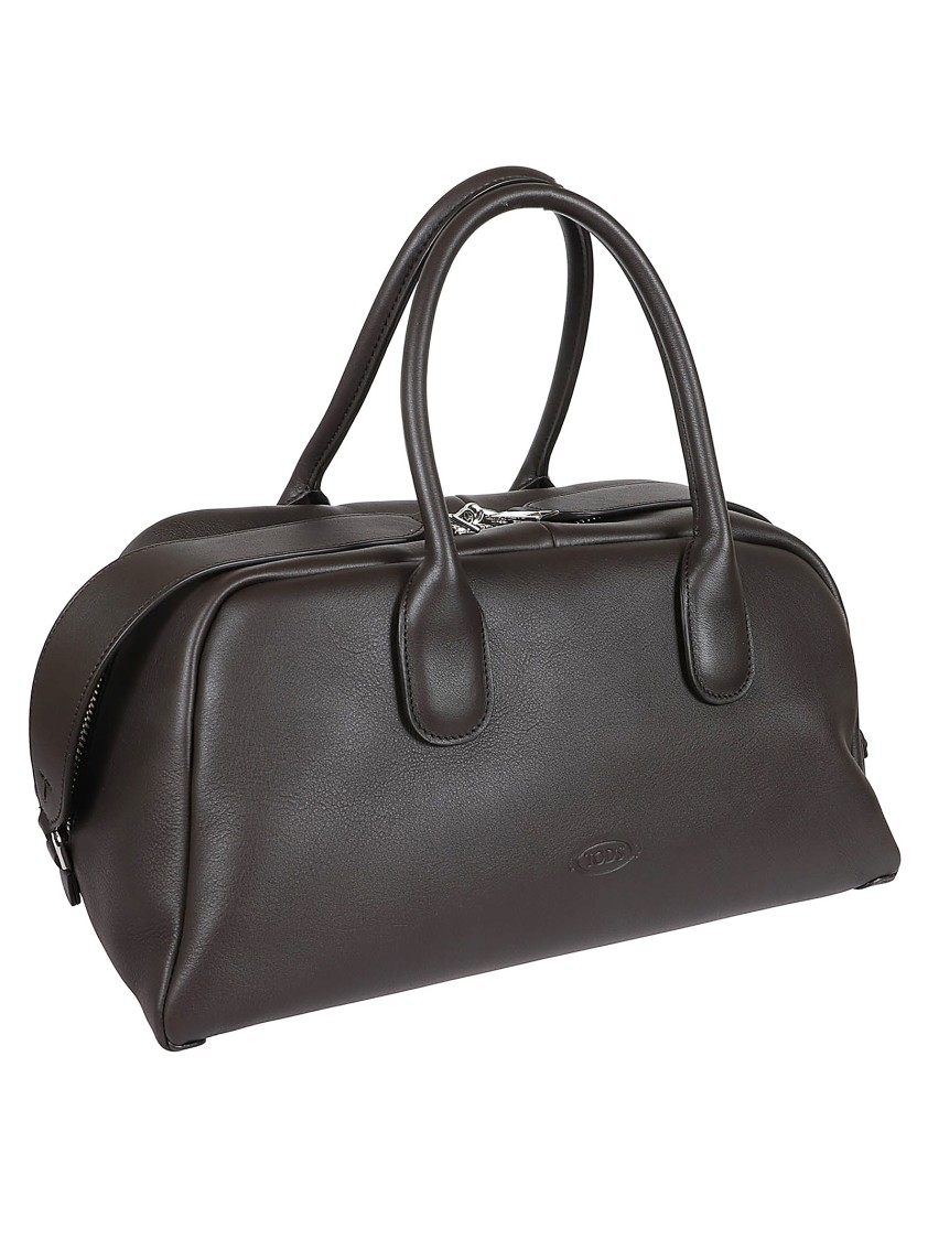 Tod's Structured Brown Leather Shoulder Bag With Polished Finish In Gray