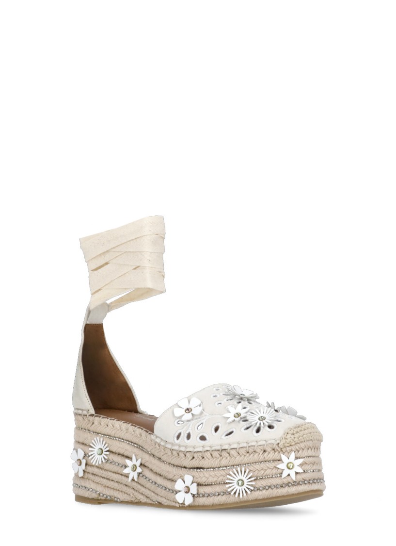 KURT GEIGER KURT GEIGER IVORY SUEDE LEATHER FLOWER WEDGES