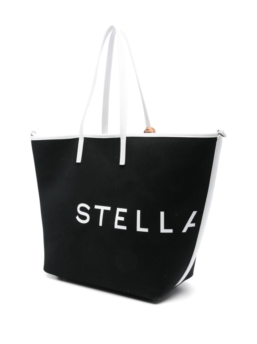 Stella Mccartney Black Canvas Tote With Contrasting Trim And Detachable Pouch In Black