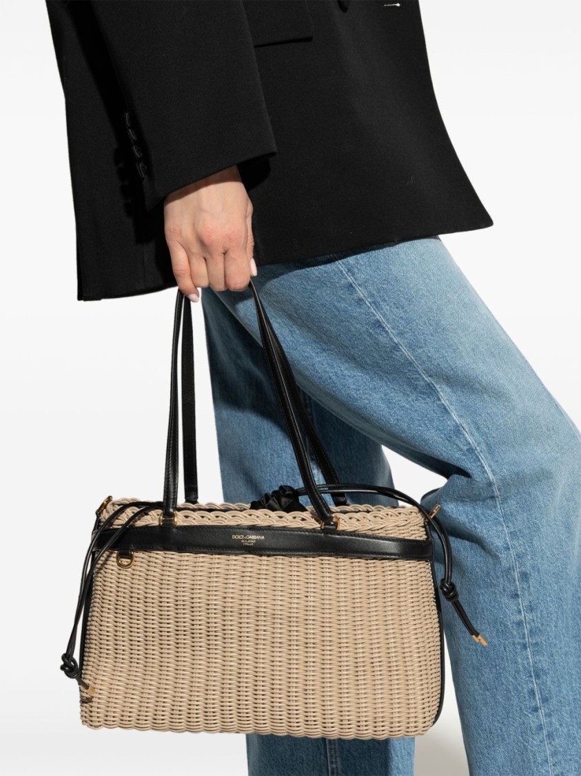 Dolce & Gabbana Woven Structured Handbag With Black Leather Accents In Neutrals