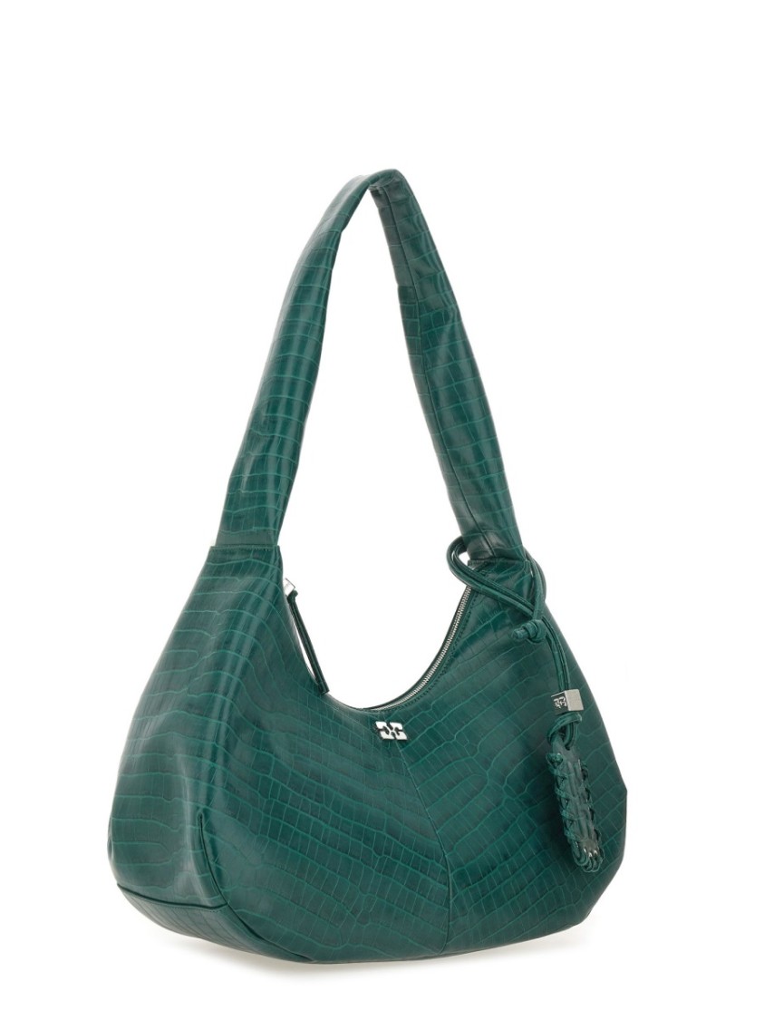 Ganni Medium Croco Hobo Bag In Green