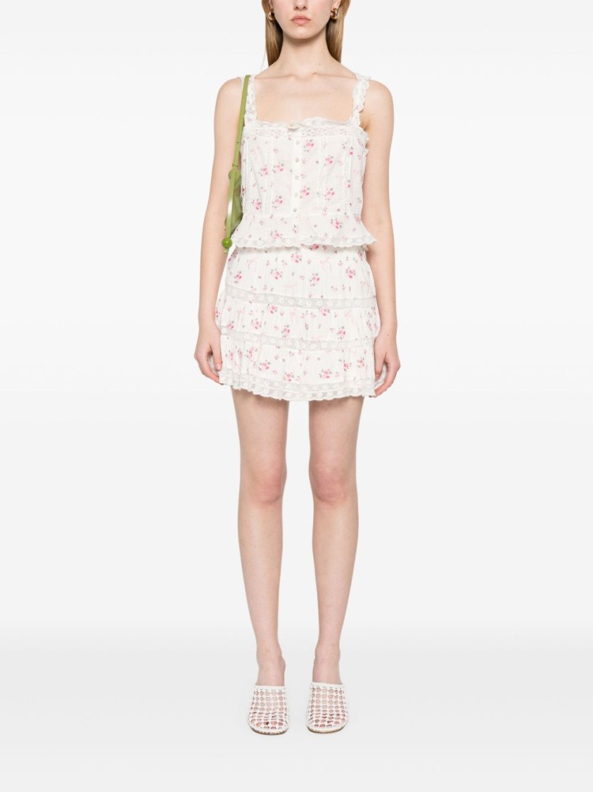Loveshackfancy Smocked Waist Tiered Mini Skirt With Floral Embroidery In White