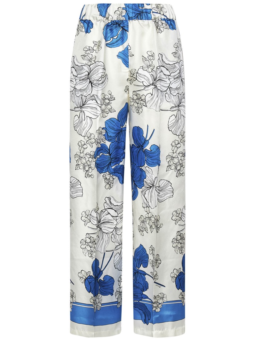 Shop P.a.r.o.s.h Parosh Silk Satin Trousers With Vibrant Flower Print In Blue