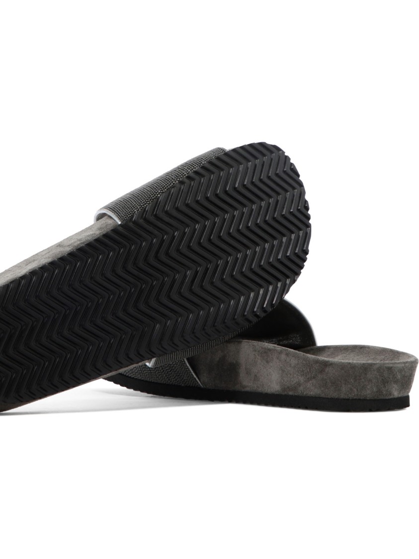 Brunello Cucinelli Textured Grey Leather Sandals In Gray