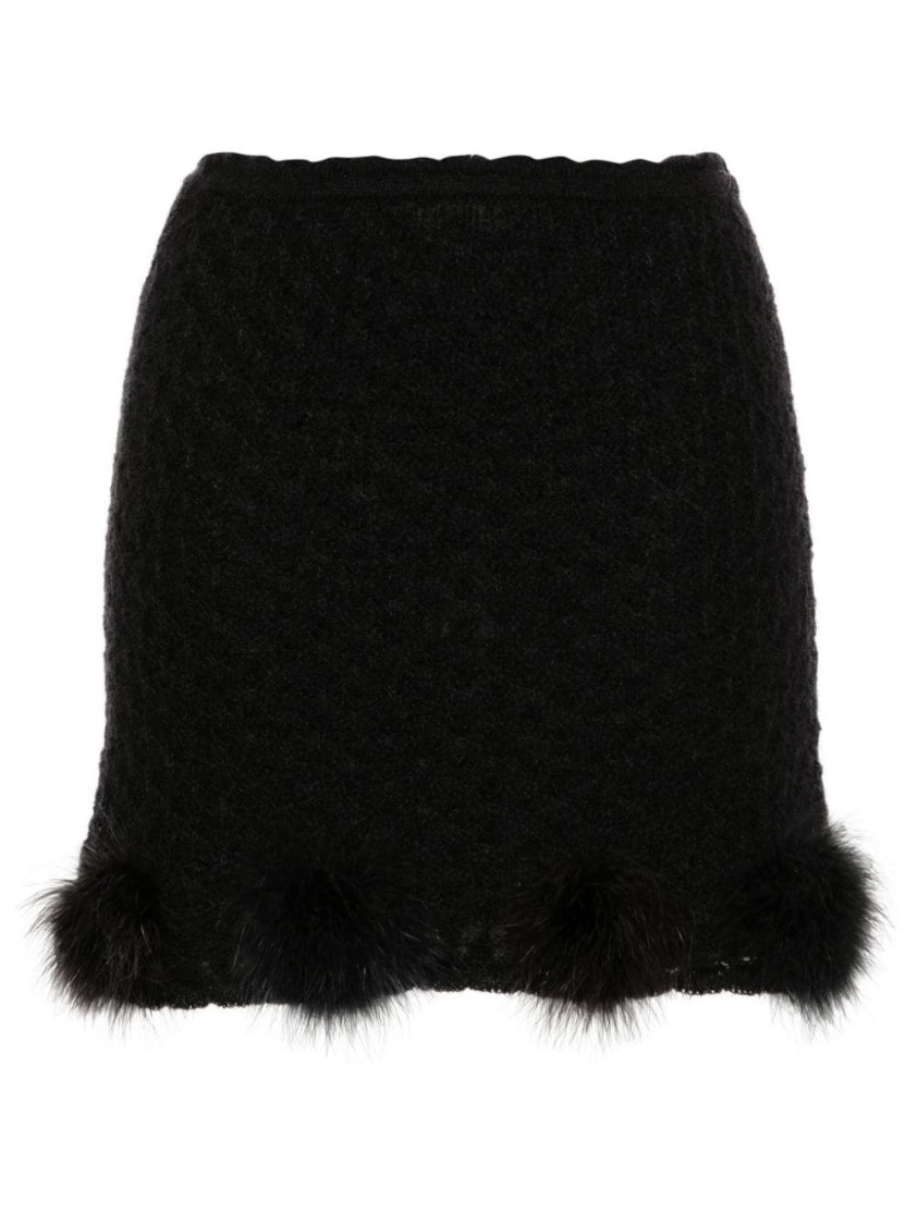 Blumarine Textured Knit Mini Skirt With Whimsical Fur Pom-poms In Black