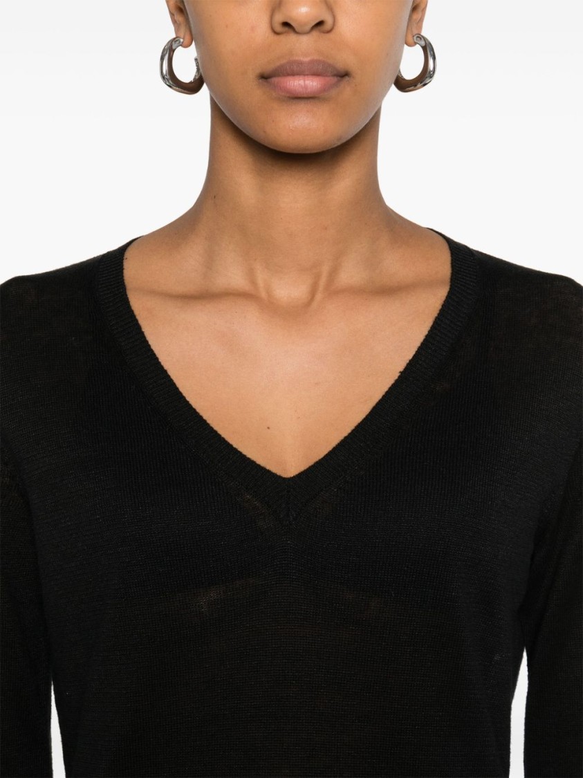 Max Mara V-neck Black Linen Sweatshirt With Cropped Hem In Black