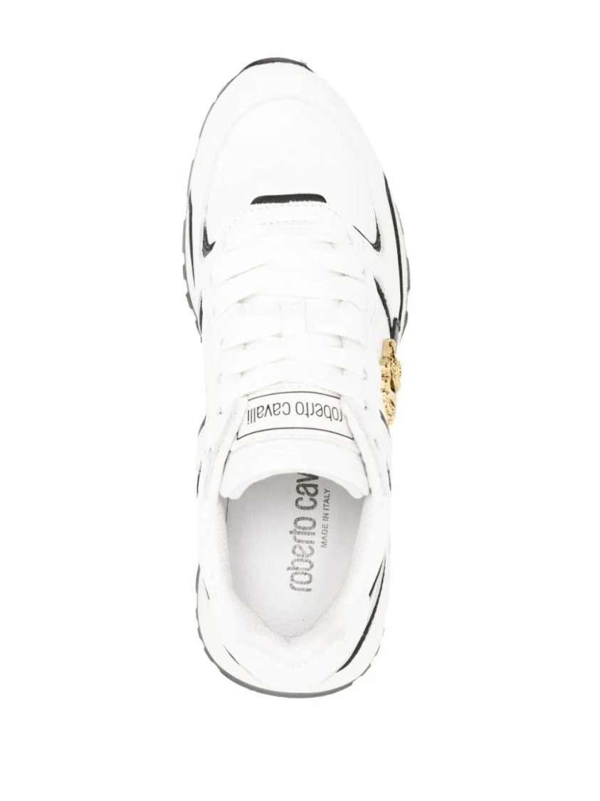 Roberto Cavalli White Cow Leather Sneakers With Black Accents In White