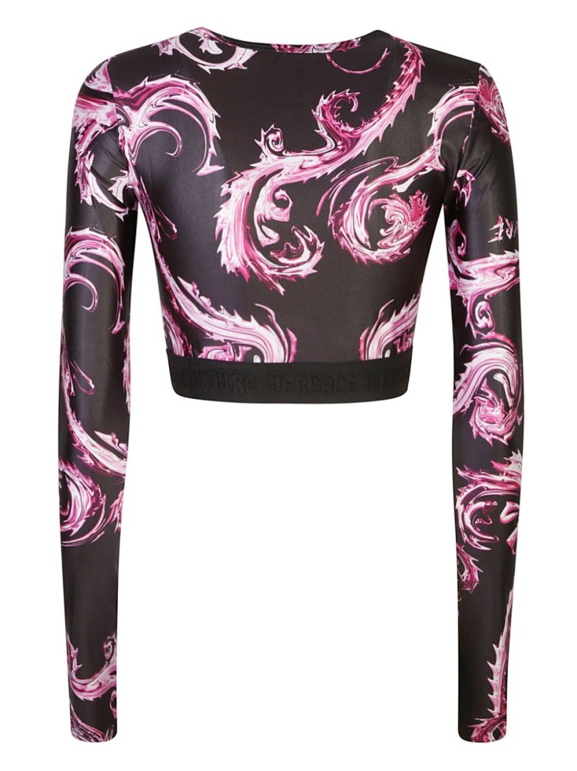 Shop Versace Jeans Couture Cropped Long-sleeve T-shirt With Striking Swirl Pattern In Black