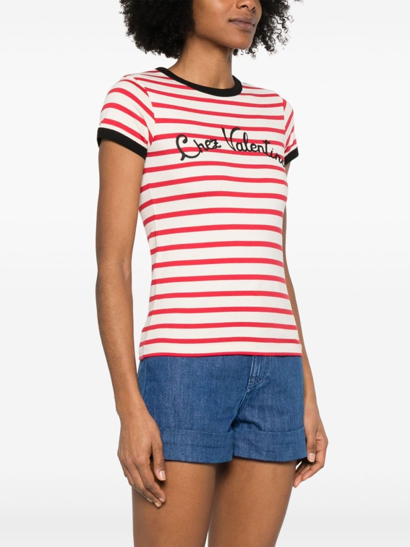Valentino Women Ivory Striped Jersey Embroidered T-shirt
