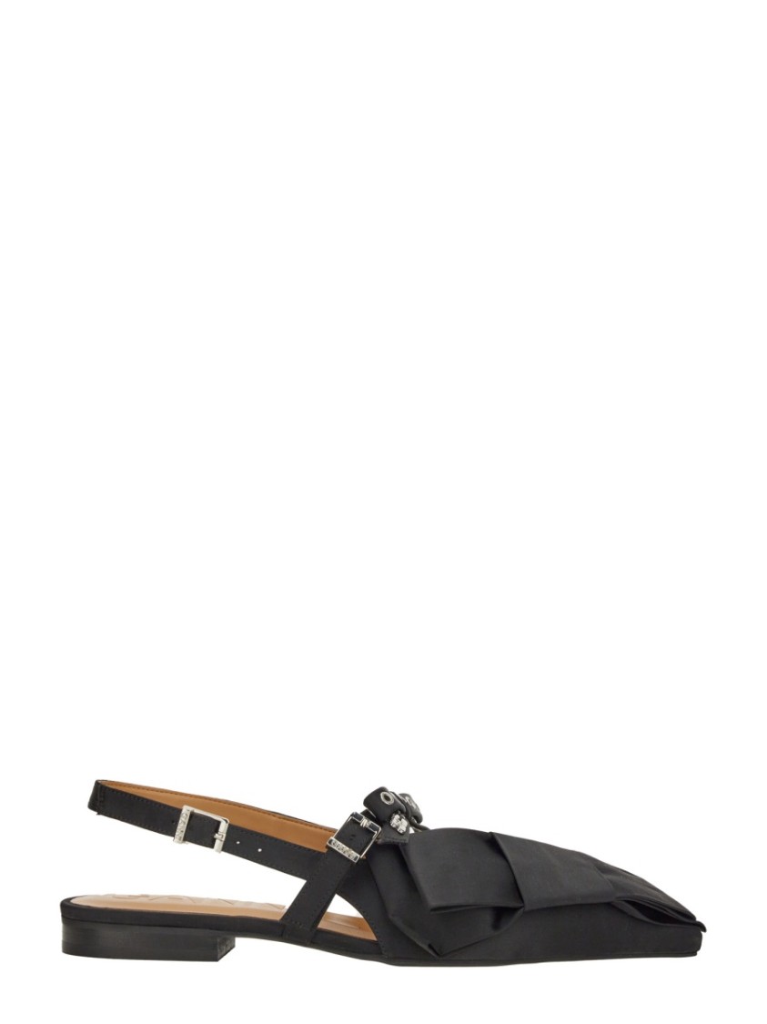 Ganni Big Bow Slingback Pointed-toe Flats In Black