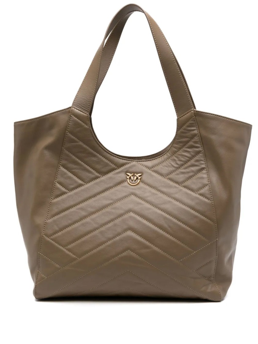 Pinko Quilted Chevron Tote Bag With Decorative Emblem In Brown