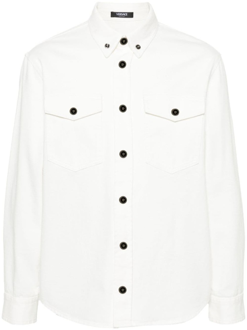 Shop Versace White Medusa Head Buttons Denim Shirt
