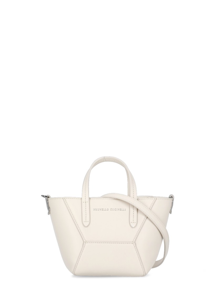 BRUNELLO CUCINELLI BRUNELLO CUCINELLI IVORY LEATHER HANDBAG WITH CONTRASTING LOGO 