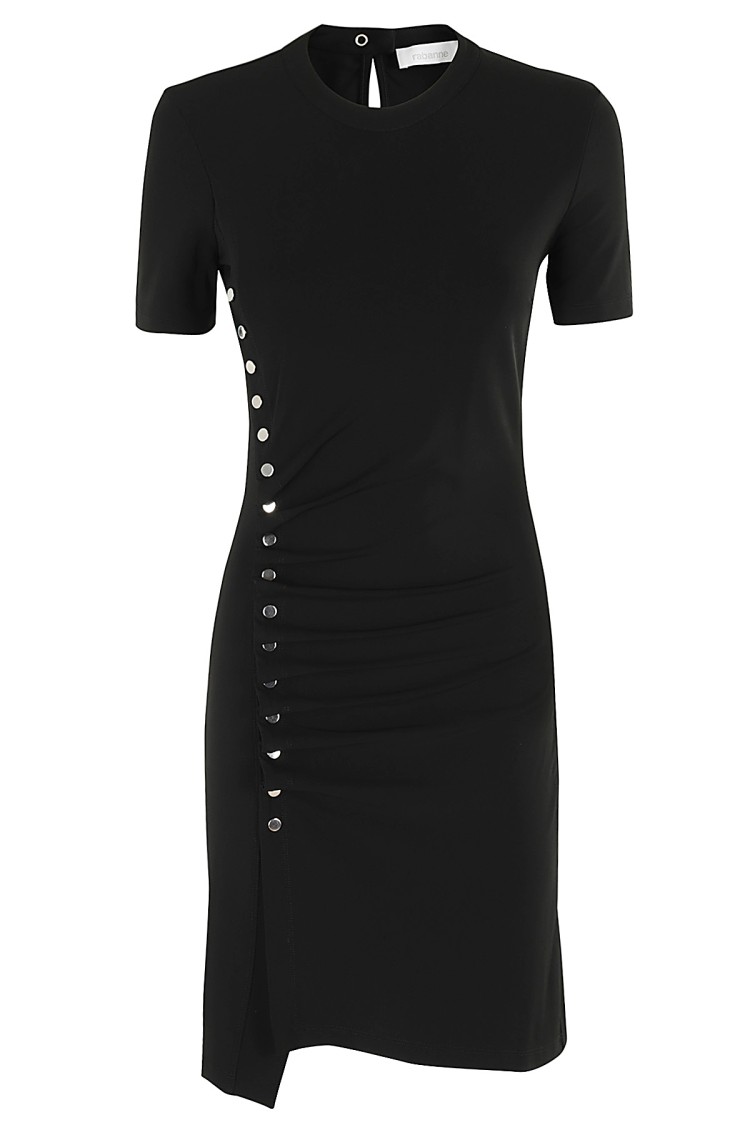 Rabanne Side Snap Ruched Asymmetric Minidress In Black