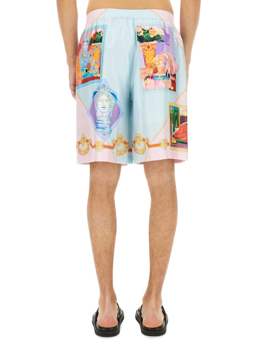 Versace Silk Twill Shorts With Vibrant Classical Motifs In Multicolor